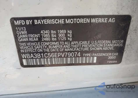 2014 BMW 320I из США, поврежденный, VIN WBA3B1C56EPV79074